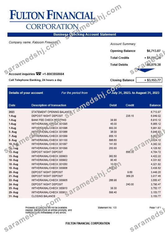 Fulton Financial Corporation enterprise account statement Word and PDF template